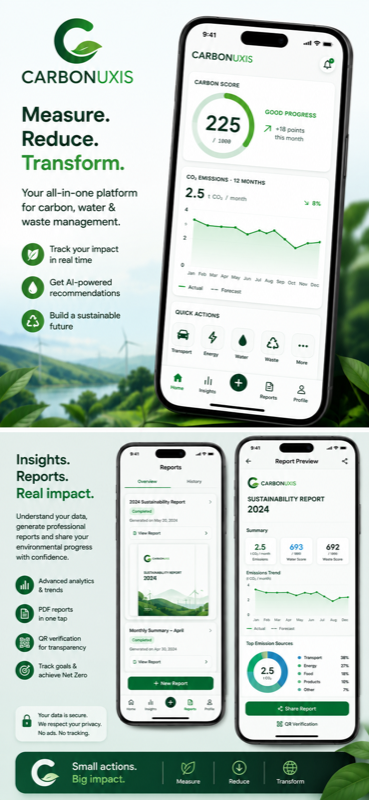 Carbonuxis carbon footprint dashboard showing a score out of 1000 and monthly CO2 emissions