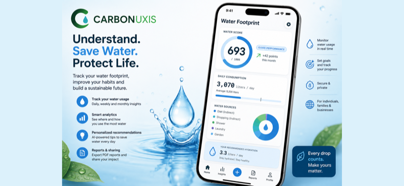Carbonuxis water footprint dashboard showing daily consumption and water sources